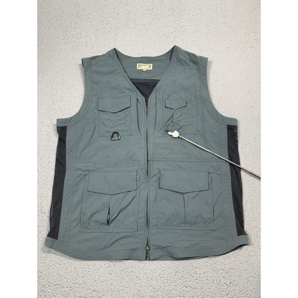 Duluth Trading Vest Mens XLT Gray Travel Utility Full Zip Mesh Pockets Outdoor
